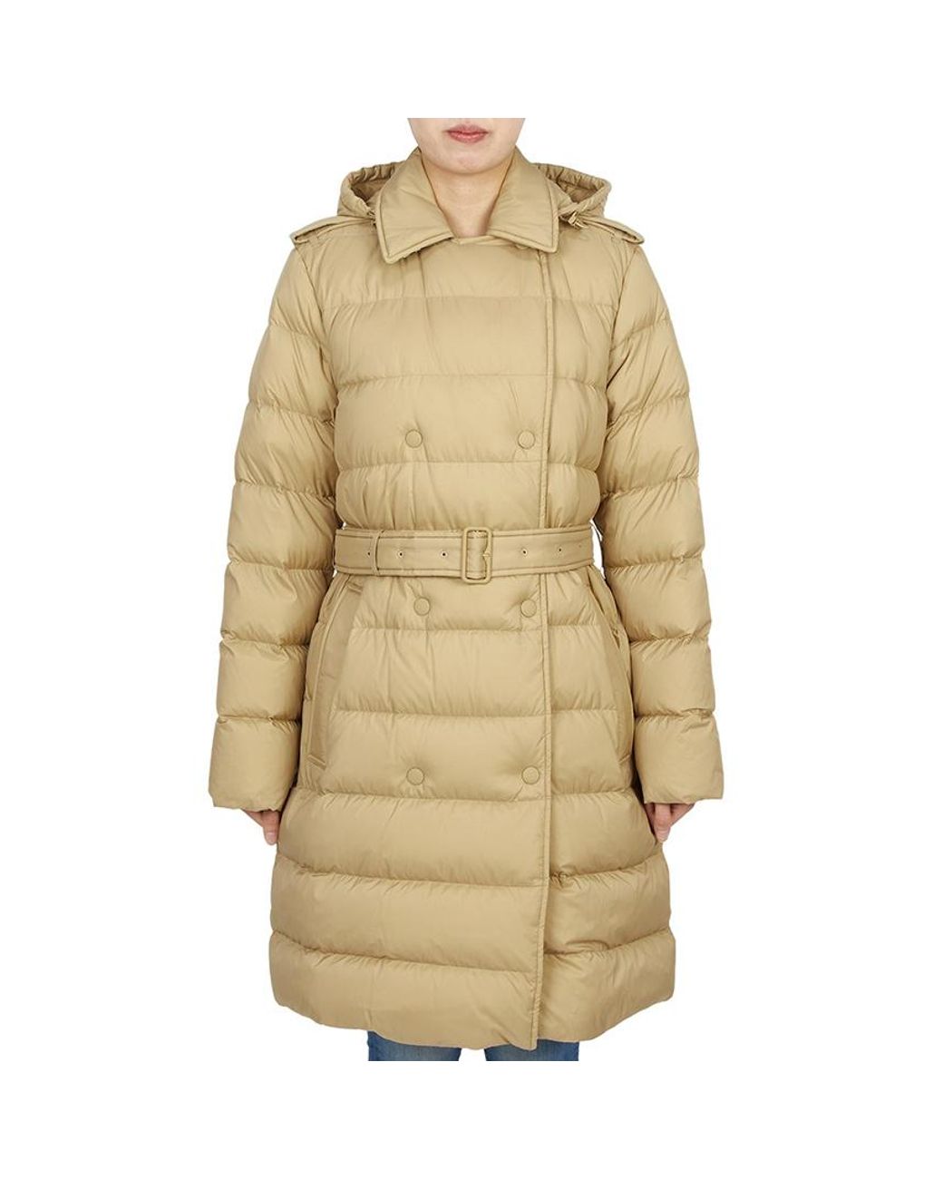 Burberry Natural Double Breasted Belted Hooded Puffer Coat