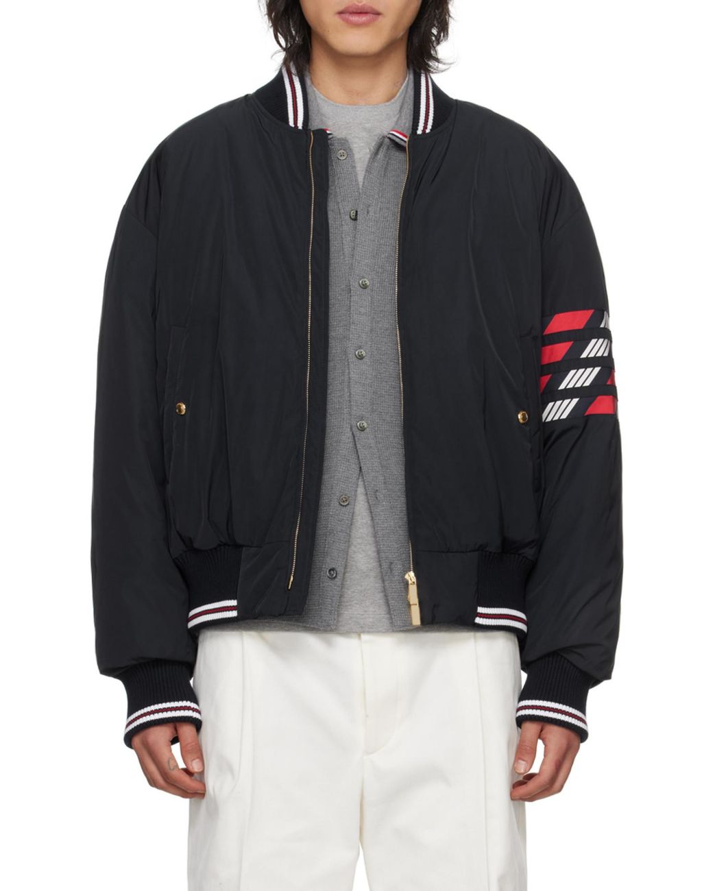 Thom Browne Blue 4-Bar Striped Zipped Puffer Bomber Jacket for men