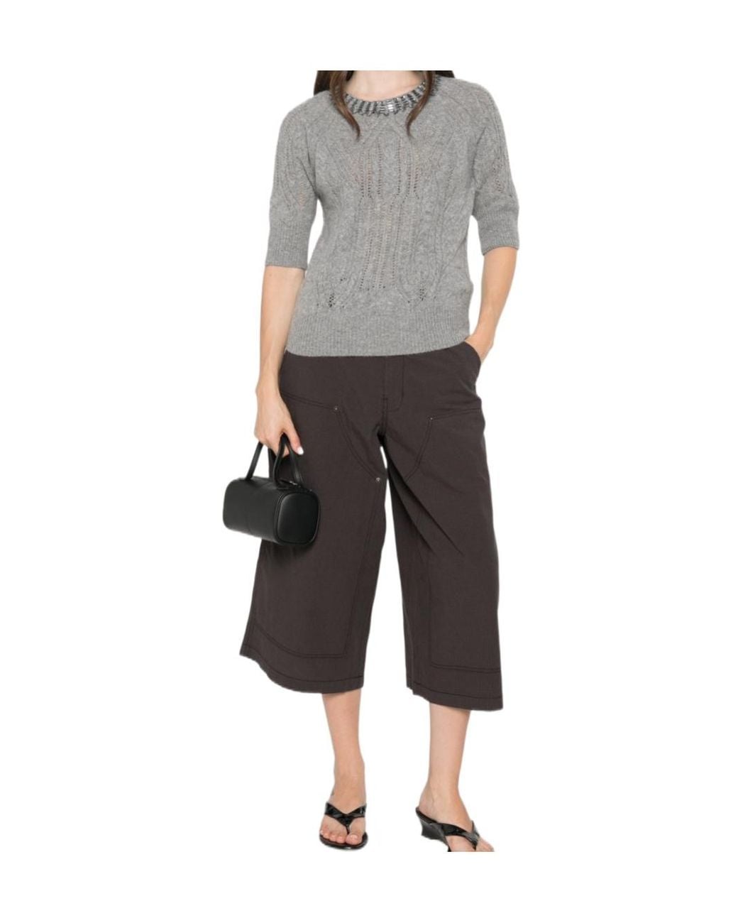 Ermanno Scervino Gray Crystal-Embellished Cable-Knit Cashmere Sweater