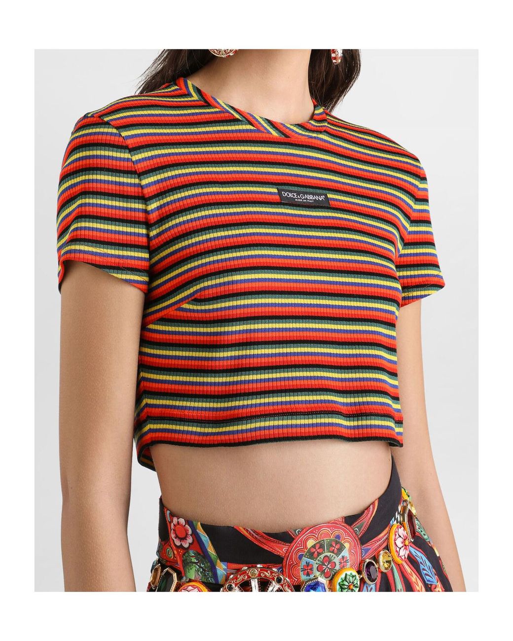 Dolce & Gabbana Multicolor Logo Stripe Cropped T-Shirt