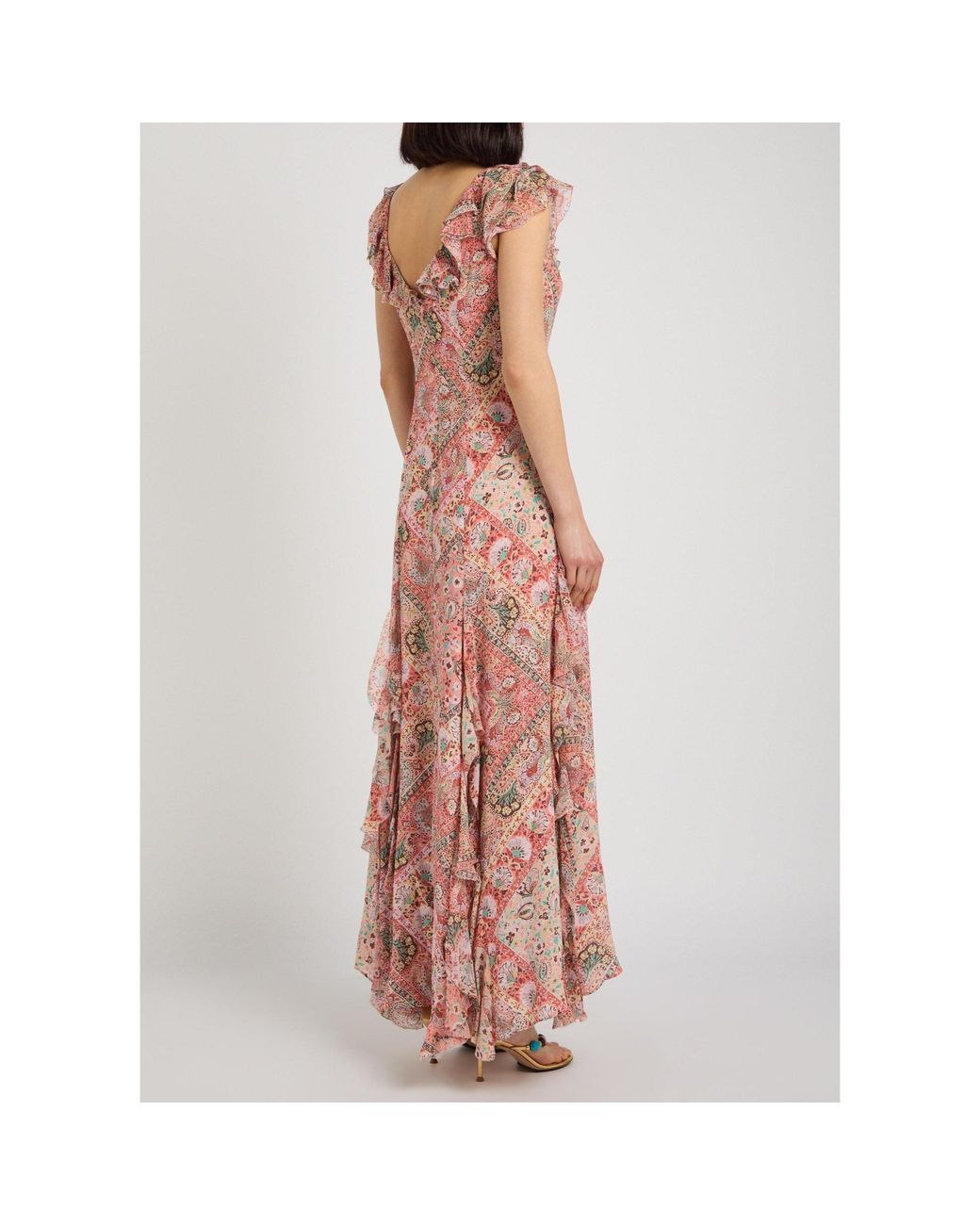 Rixo Pink Printed V-Neck Chiffon Dress