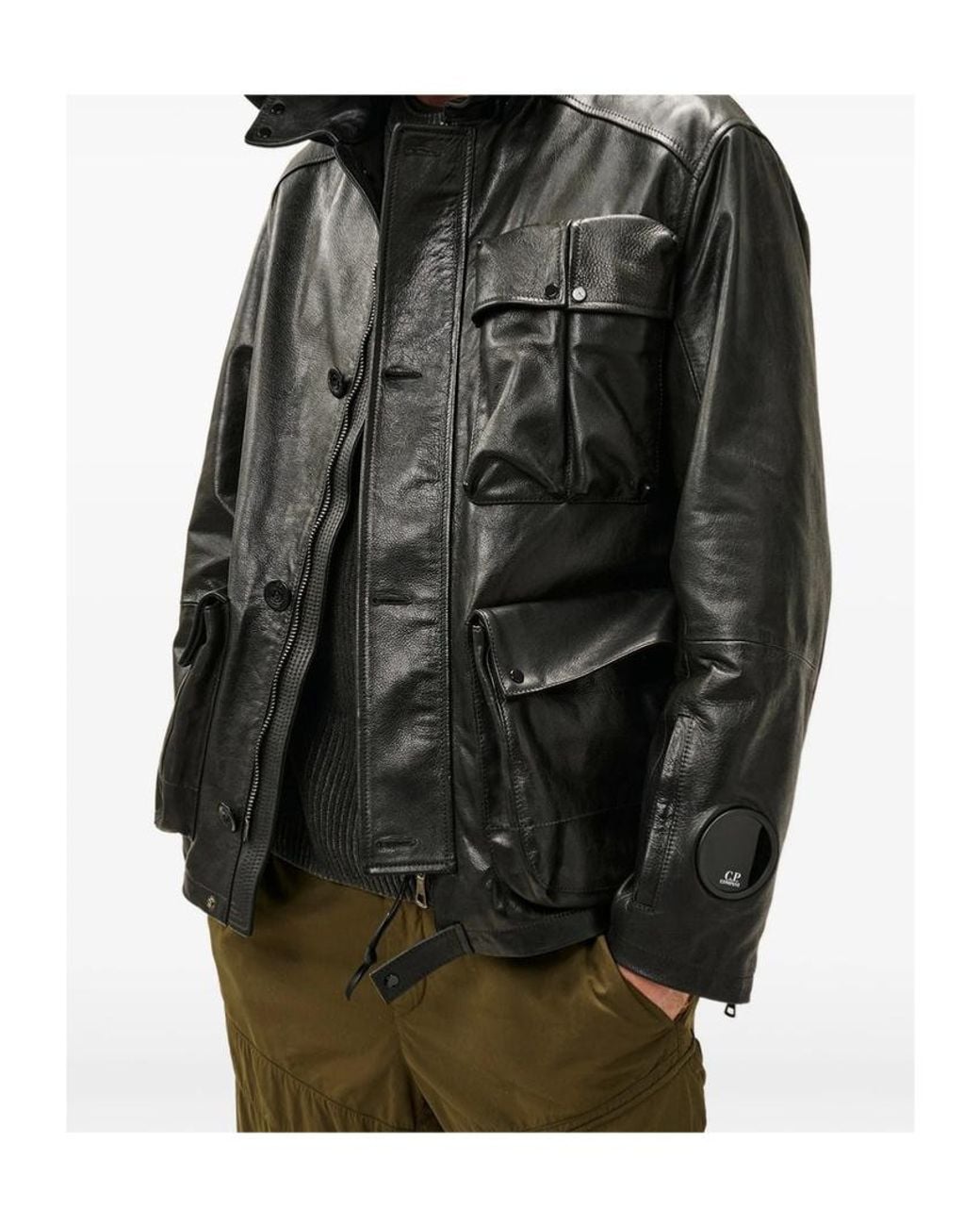 C P Company Black Long-Sleeved Leather Jacket for men