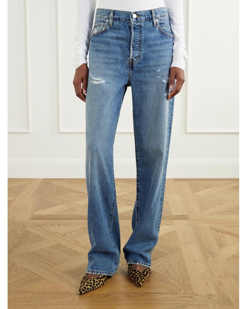 ÉTERNE Blue Saint Boyfriend Distressed Mid-Rise Straight-Leg Jeans