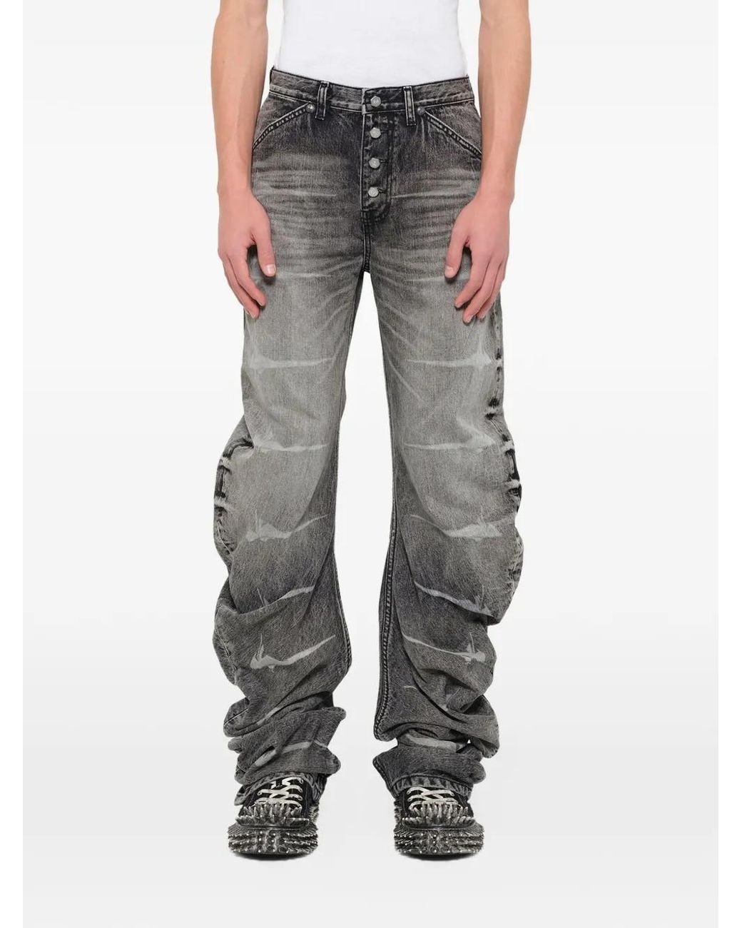 THUG CLUB Gray Laser Washed Parkour Long Jeans for men