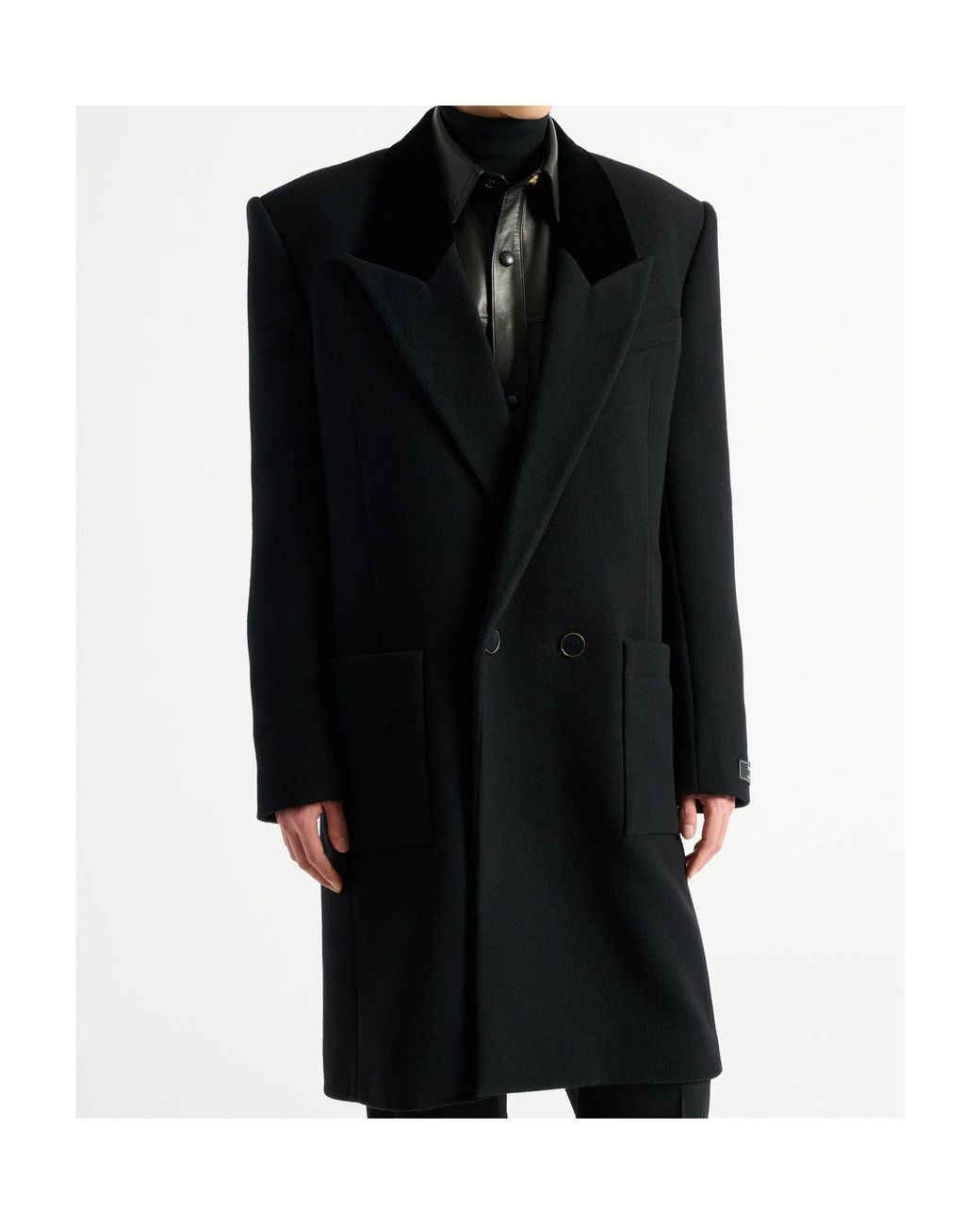 Balmain Black Long Wool And Velvet Coat for men