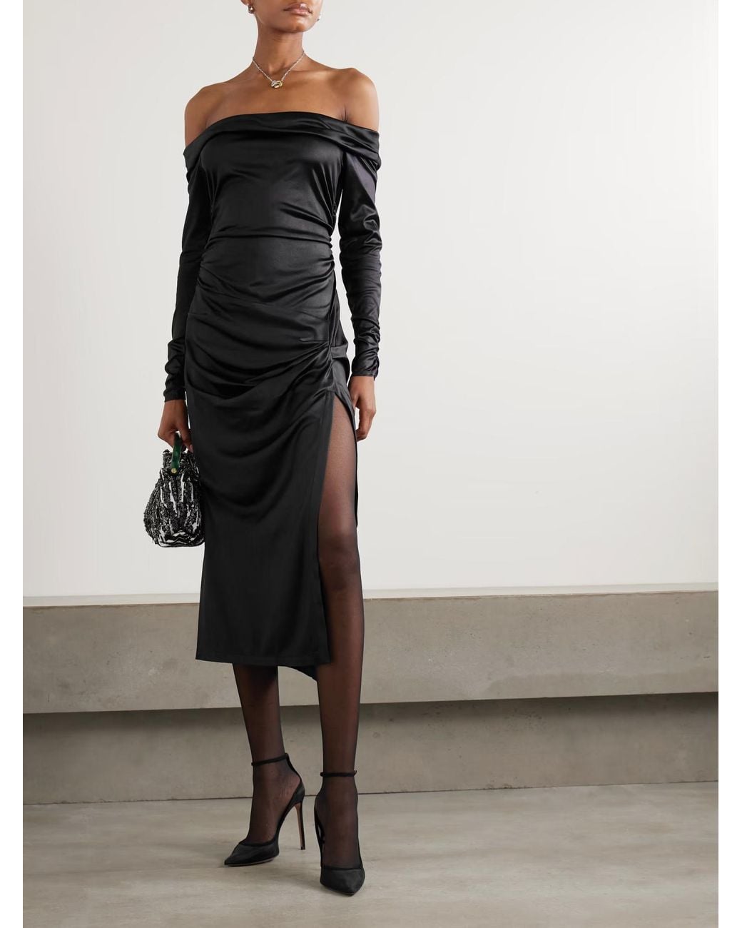 Isabel Marant Black Off-Shoulder Pleated Dress