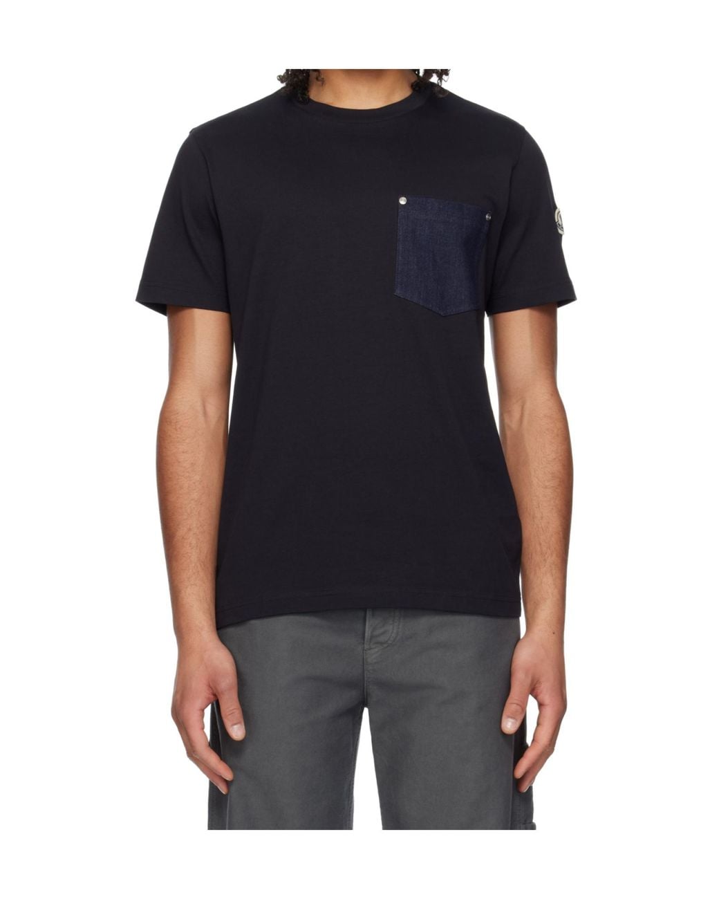 Moncler Black Cotton Denim T-Shirt With Pocket for men
