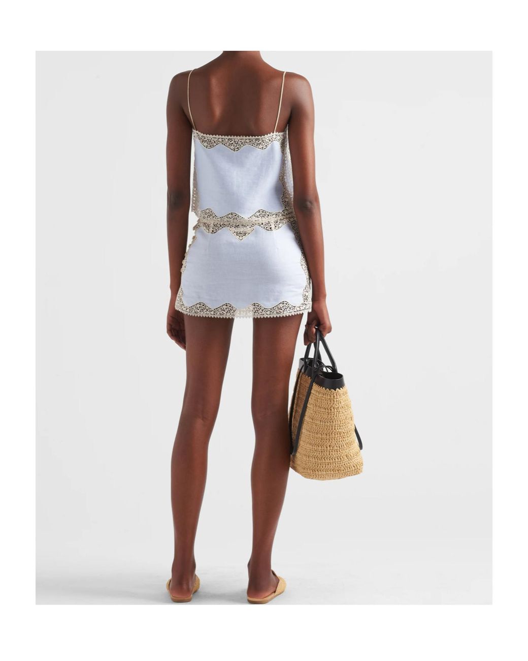 Prada Blue Embroidered, Lace-Trimmed Linen Miniskirt