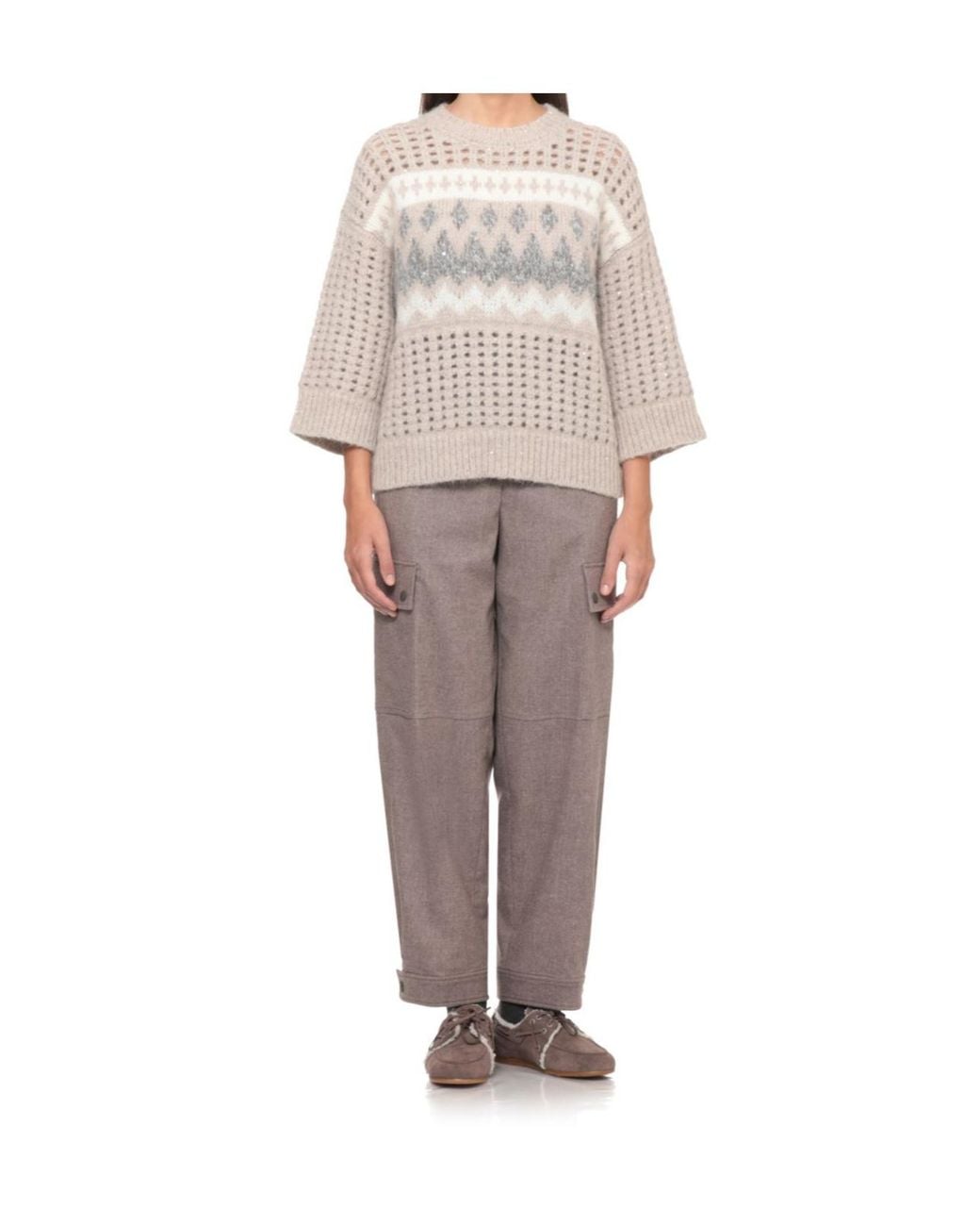 Peserico White Textured Fair Isle Knitted Sweater