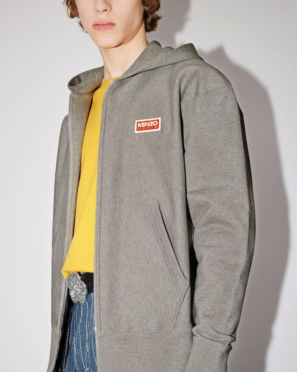 KENZO Gray Logo Embroidered Zip-Up Hoodie for men