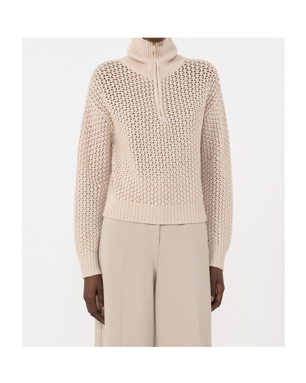 Max Mara Natural Tequila Open-Knit Zip Detailed Jumper