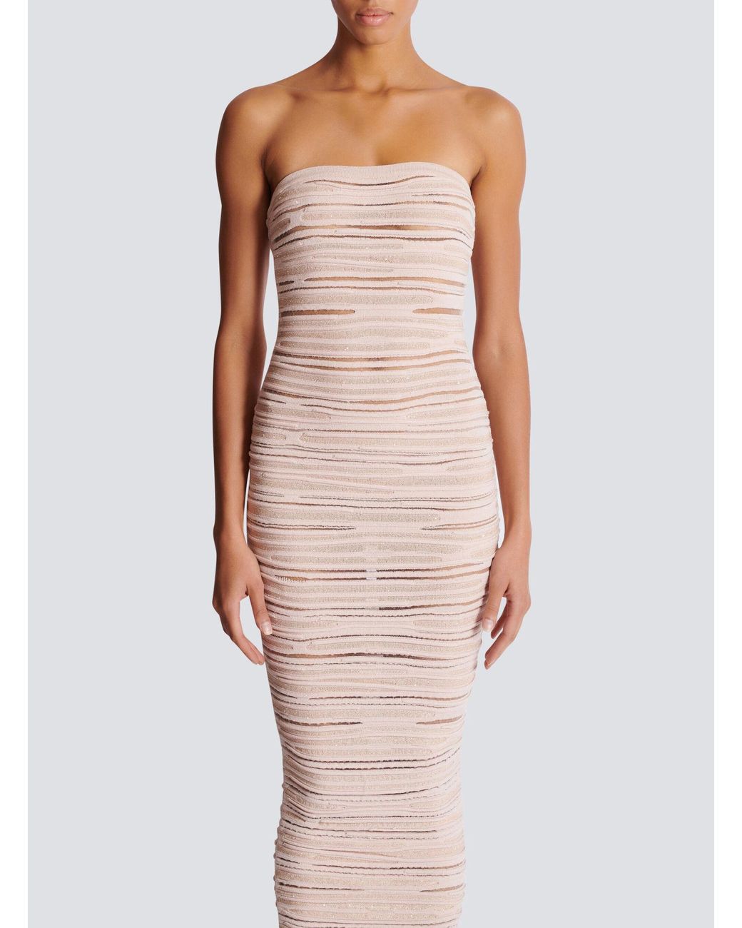 Balmain Pink Knitted Strapless Midi Dress