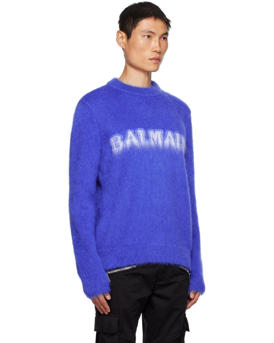 Balmain Blue Retro Brushed Crewneck Jumper for men