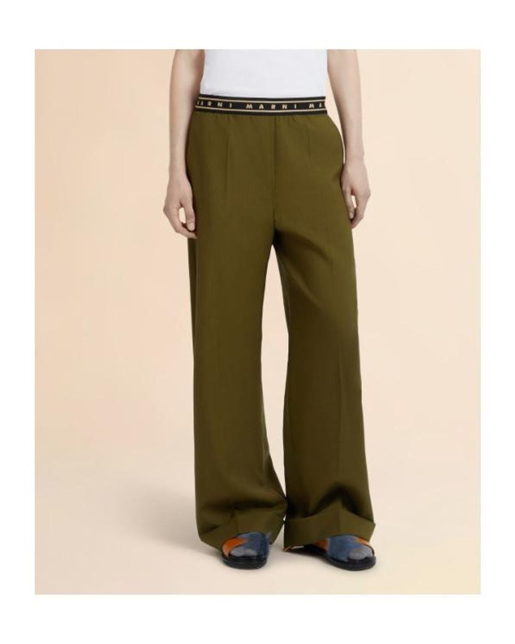 Marni Green Straight-Leg Logo Waistband Trousers