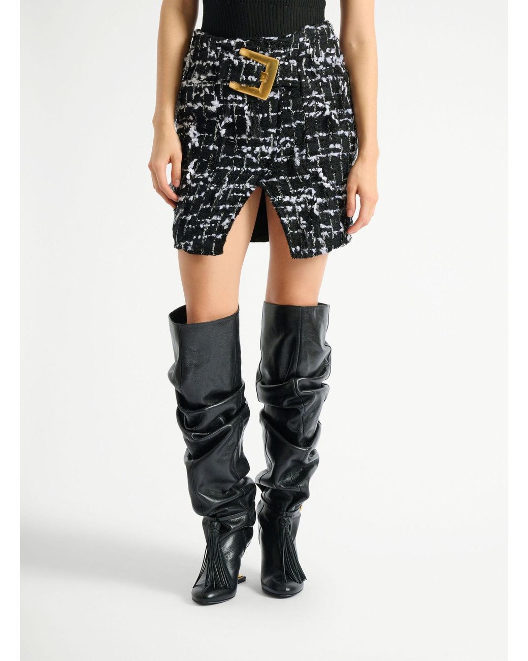 Balmain Black Belted Fringed Tweed Skirt