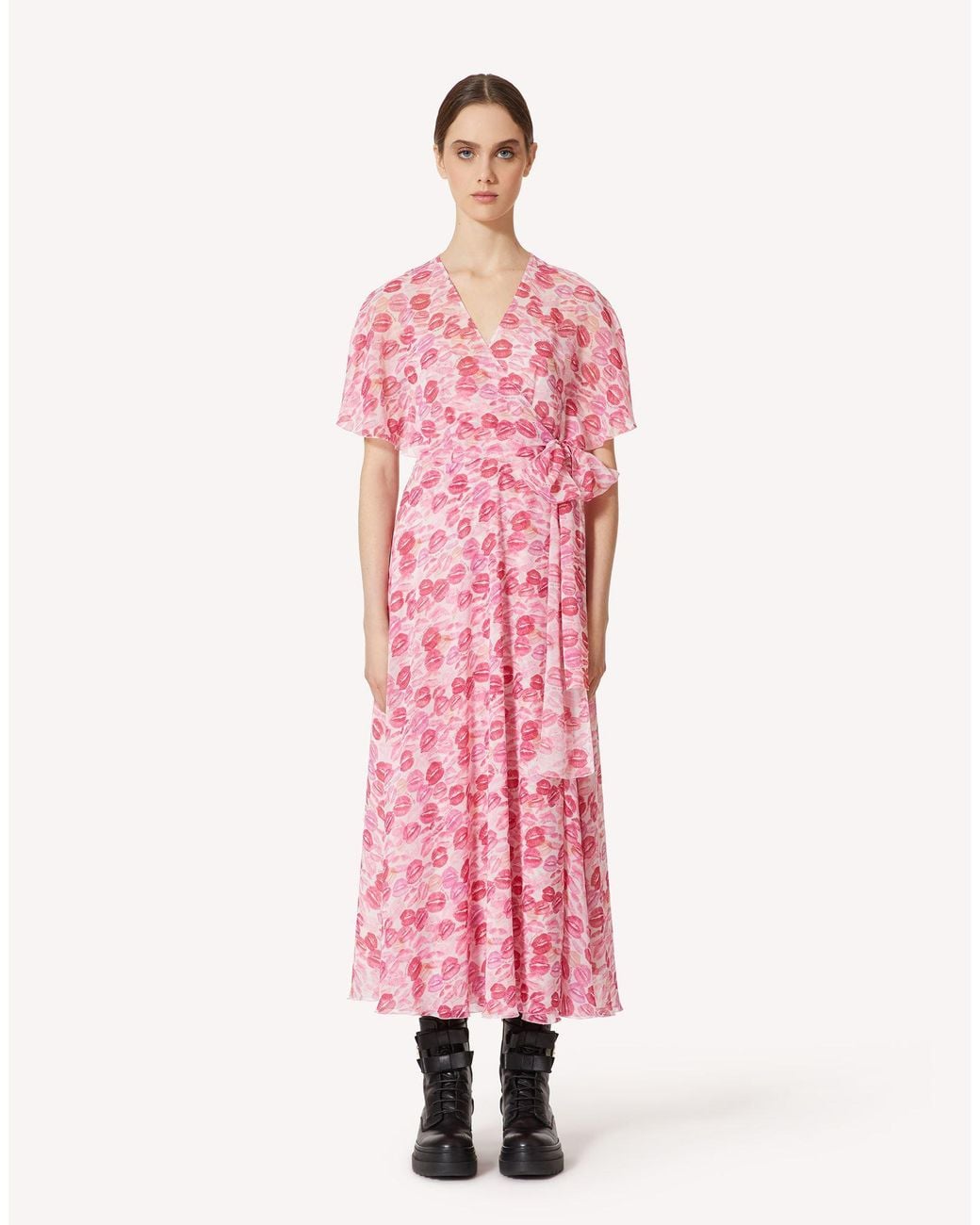 RED Valentino Pink Lip Print Flutter Sleeved Midi Dresses