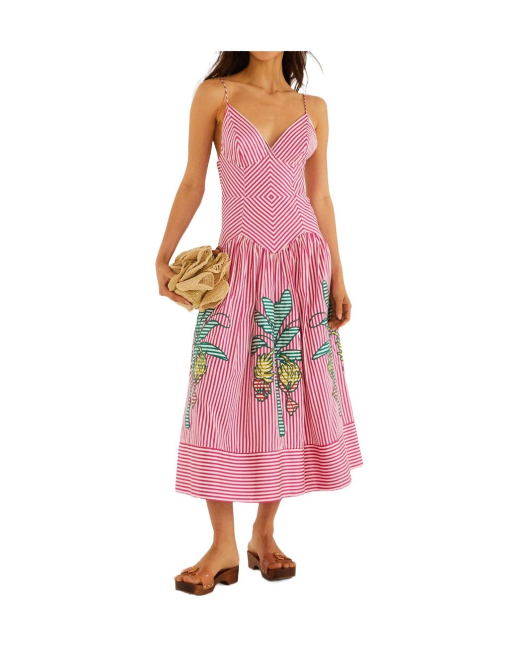 Farm Rio Pink Palm Tree-Embroidered Striped Midi Dress