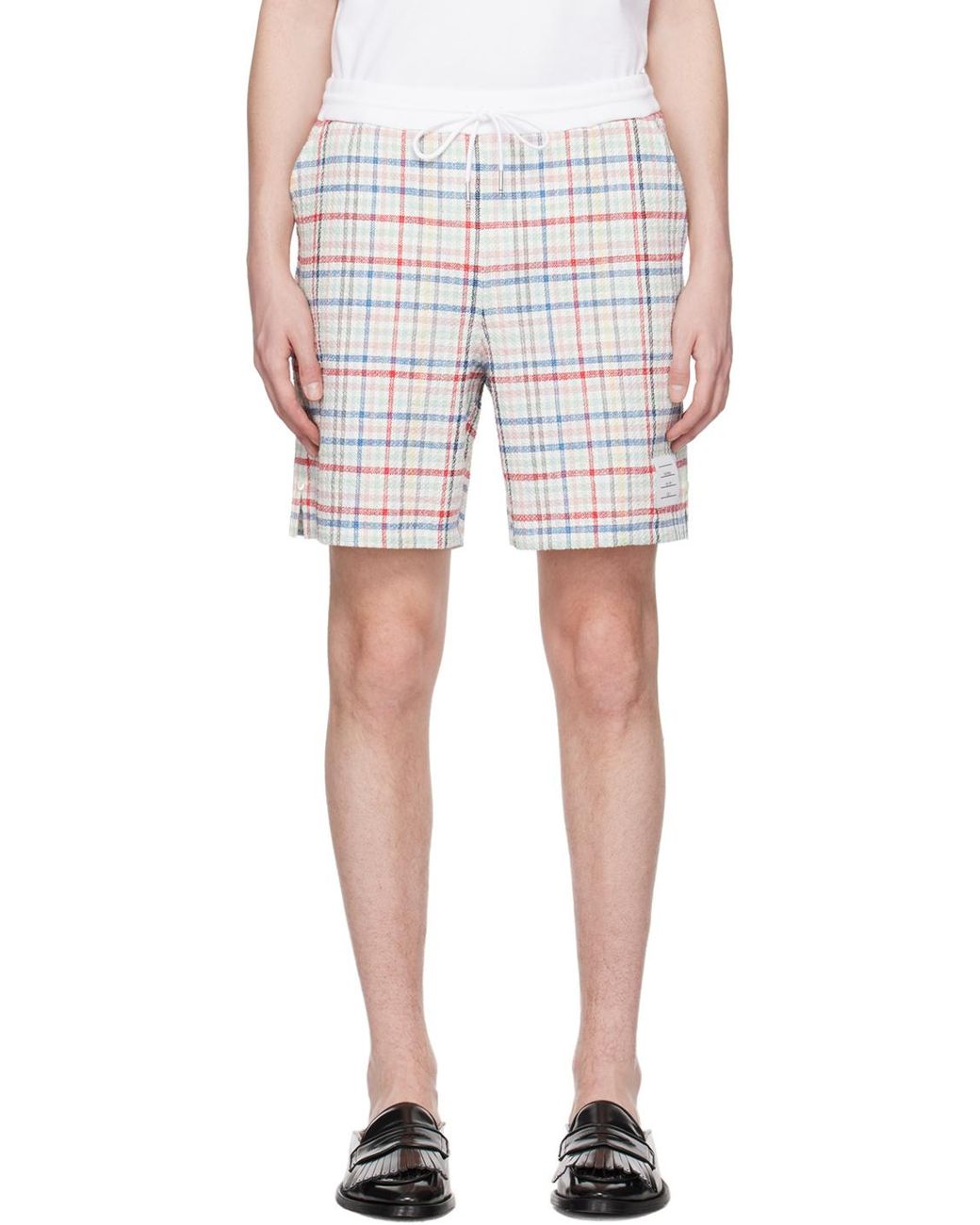 Thom Browne Blue Gingham-Check Drawstring Tweed Shorts for men