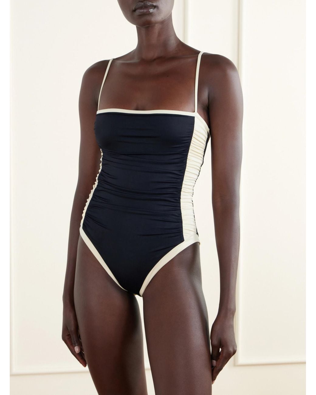 Johanna Ortiz Black Two-Tone Ruched Swimsuit