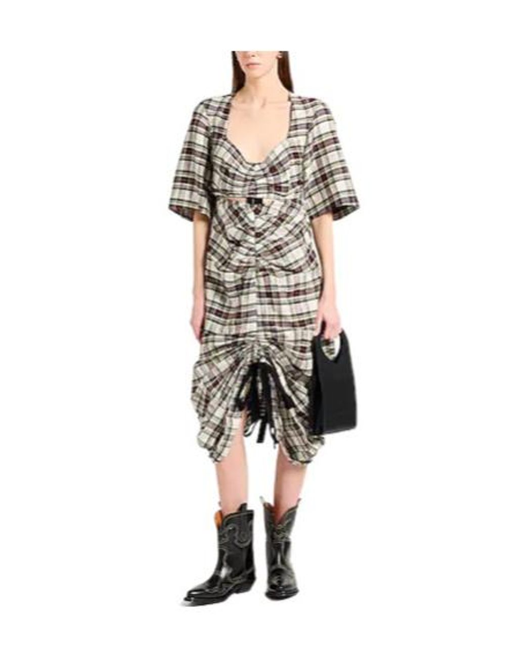 Ganni Gray Plaid Short-Sleeve Dress