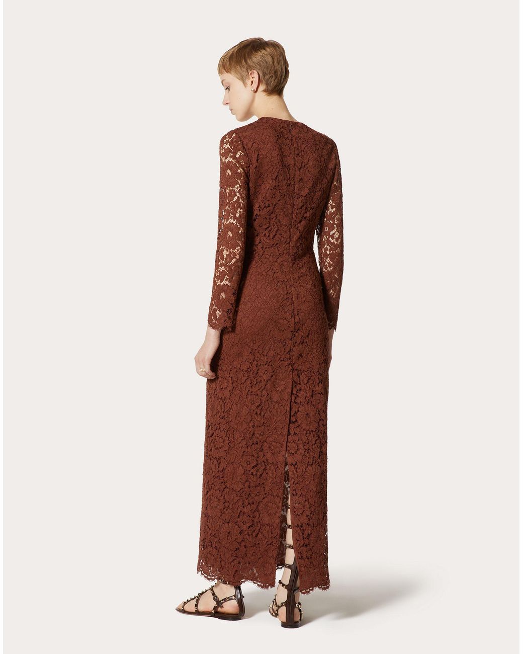 Valentino Brown Floral-Lace Long-Sleeve Long Dress
