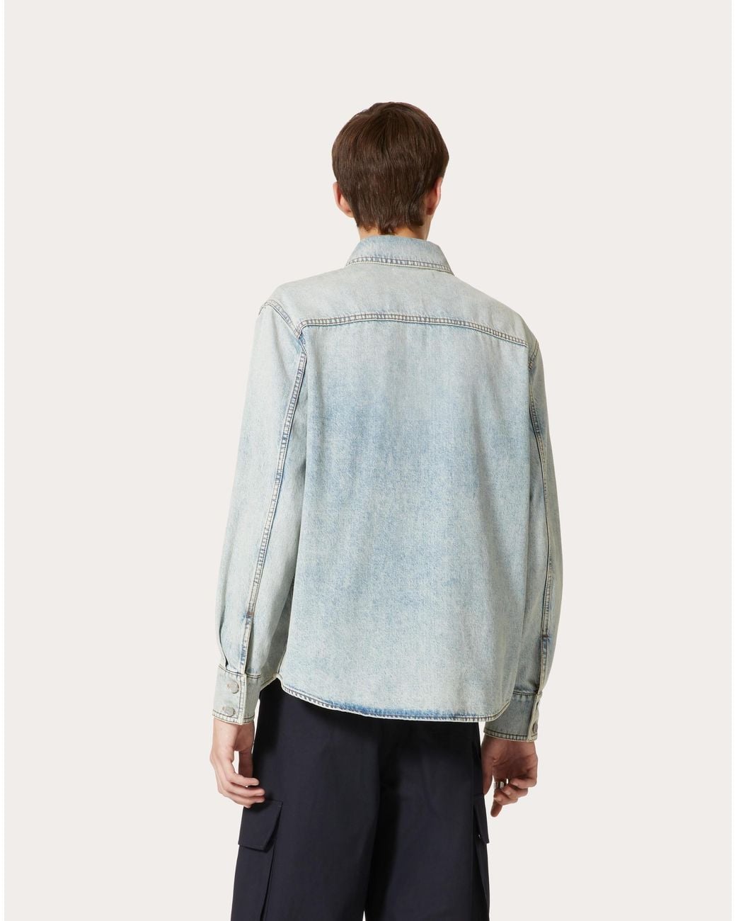 Valentino Blue Logo Plaque Long-Sleeved Denim Shirt for men