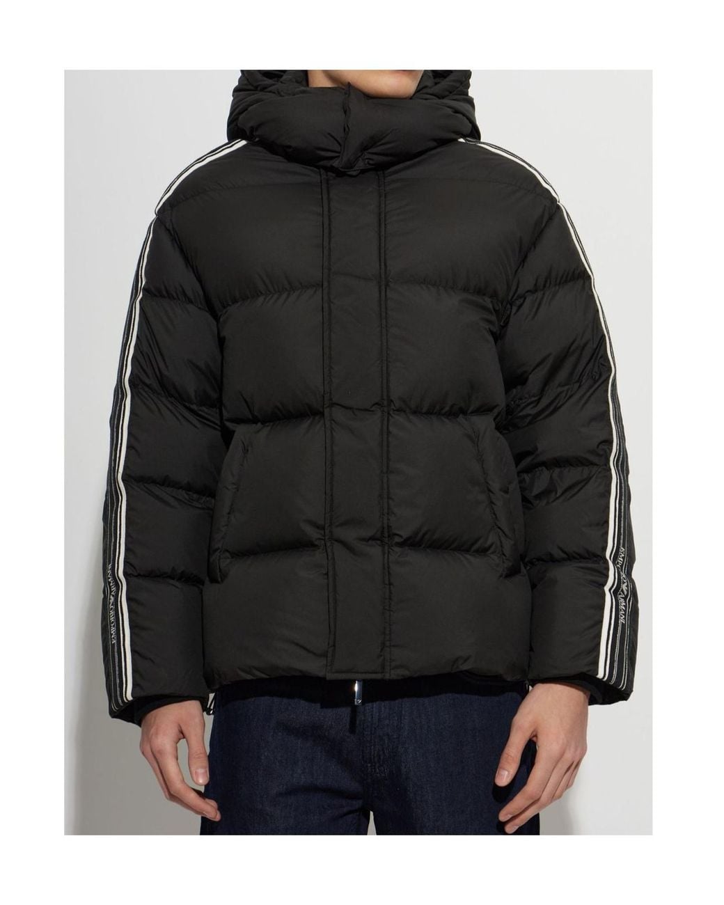 Emporio Armani Black Striped Hooded Down Jacket for men