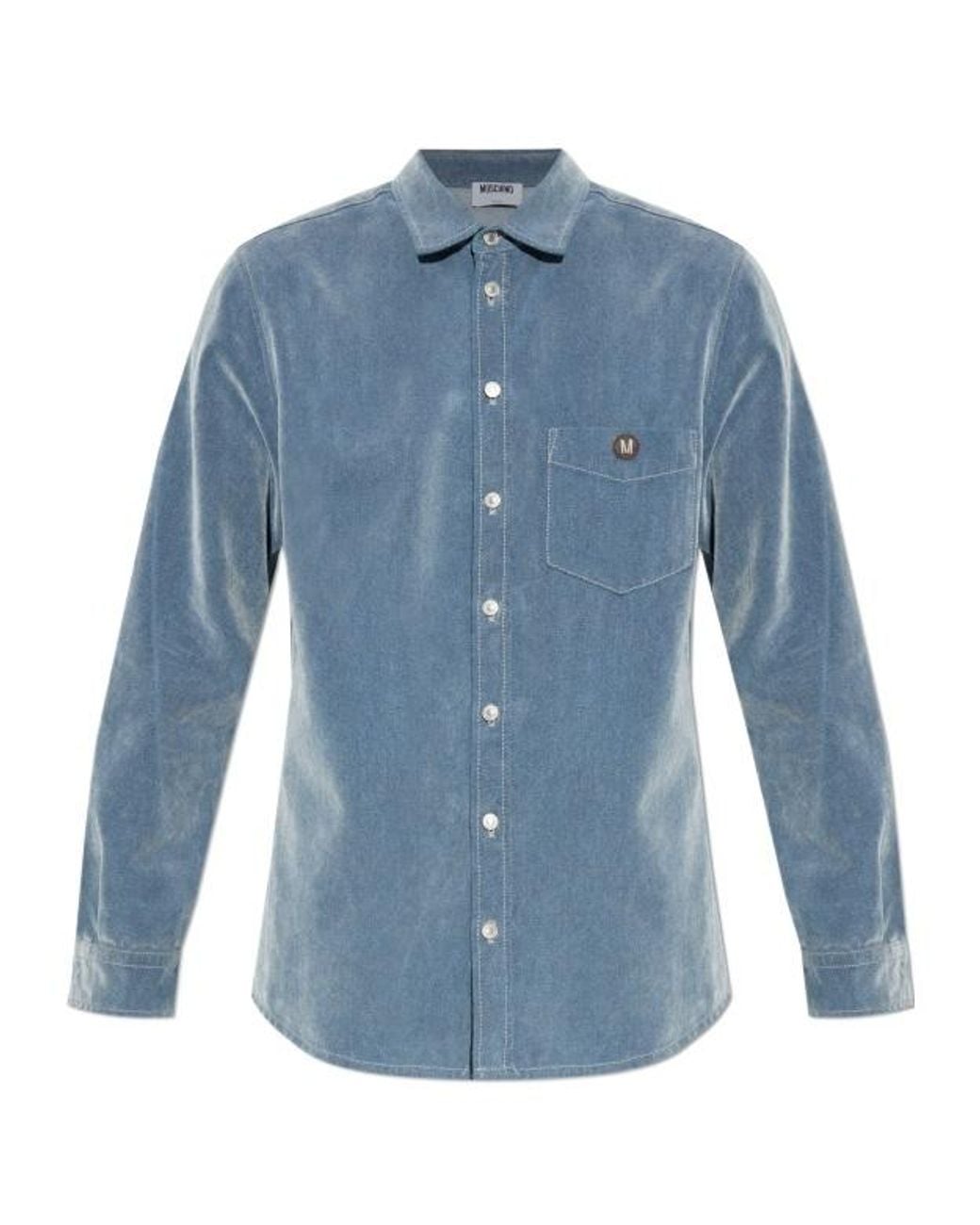 Moschino Blue Logo Patch Denim Shirt for men
