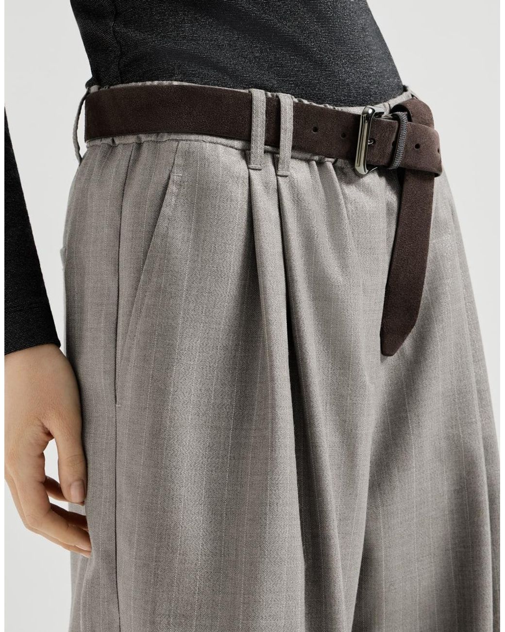 Brunello Cucinelli Gray Sparkling Virgin Wool Pinstripe Track Trousers With Monili