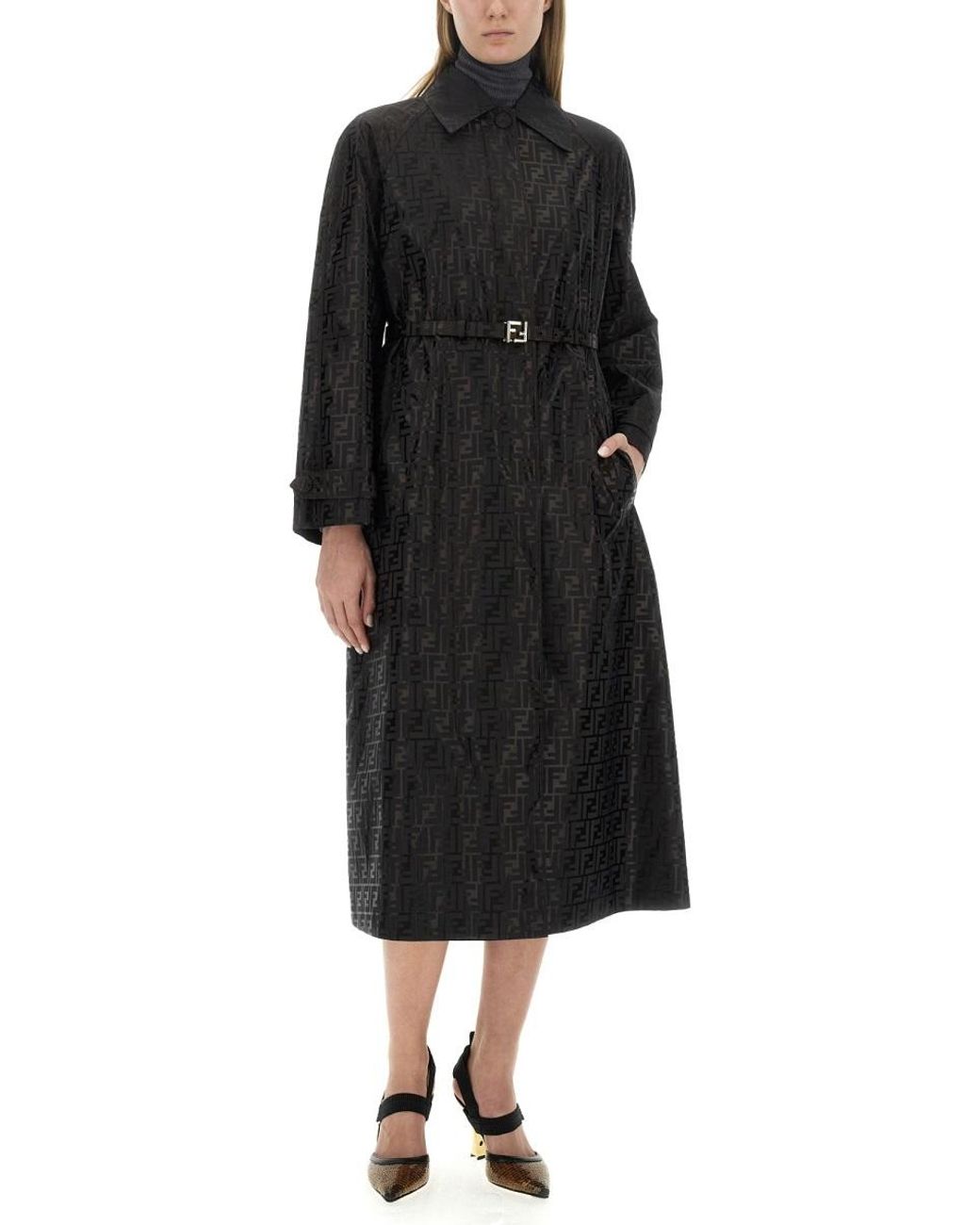 Fendi Black Ff Jacquard Belted Coat