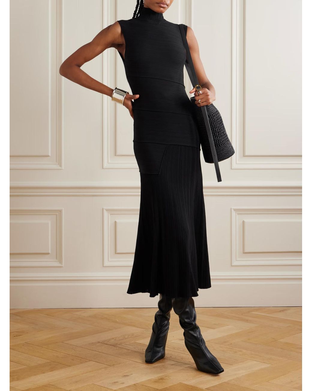 Proenza Schouler Black Federica Layered Ribbed-Knit Midi Dress