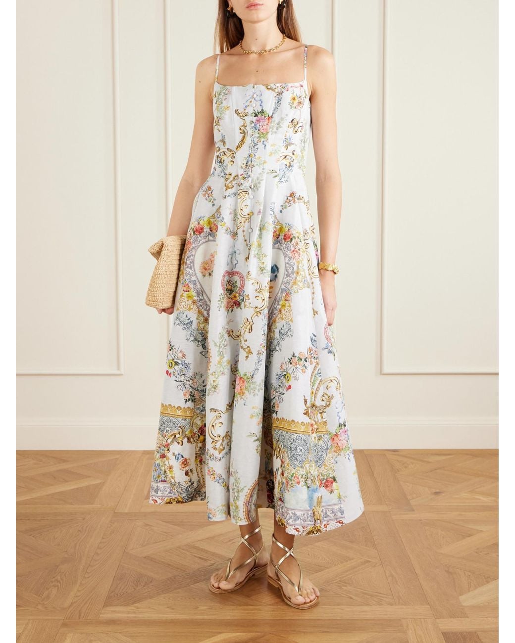 Camilla White Crystal-Embellished Printed Linen And Silk-Blend Midi Dress