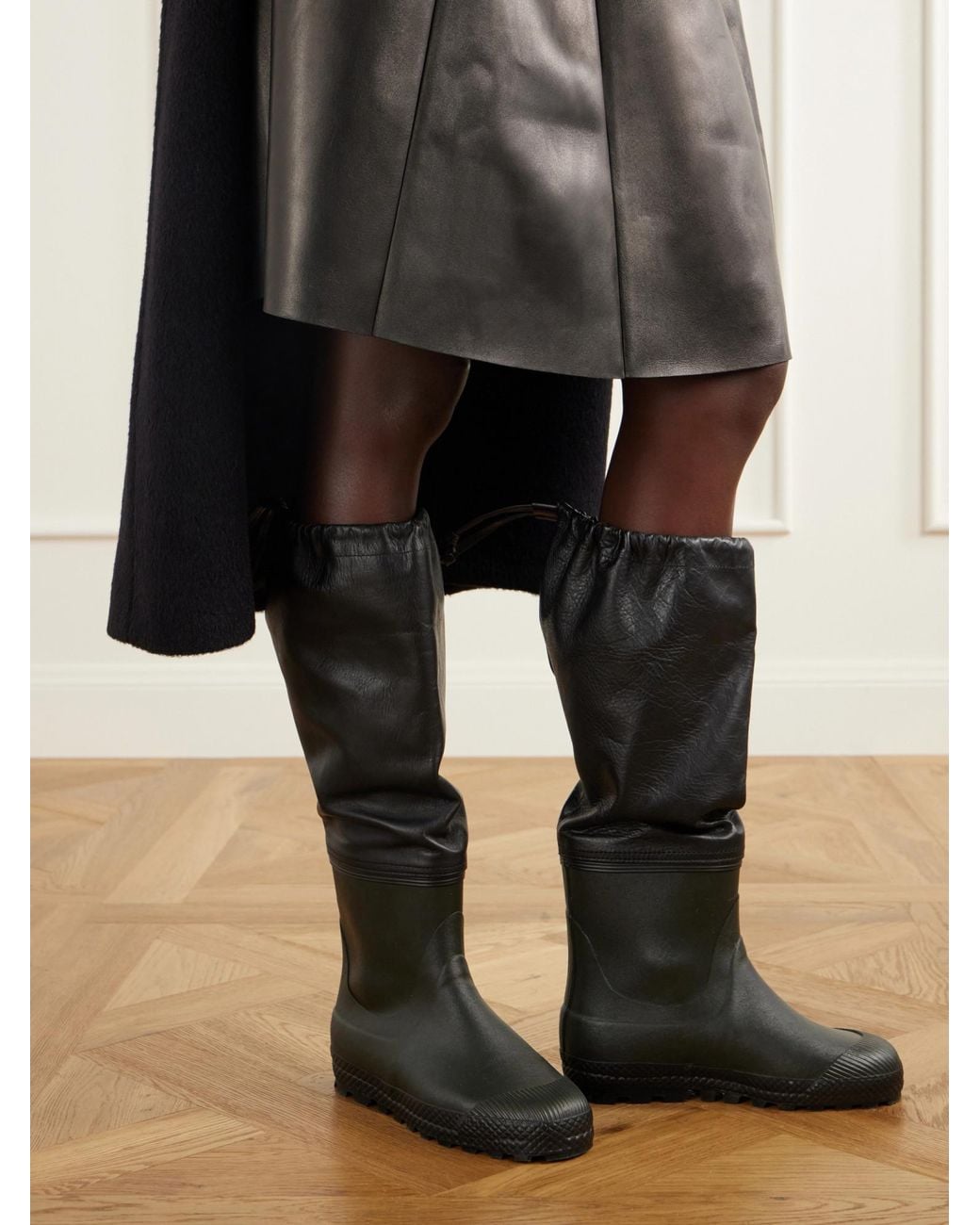 Rier Black Farmer Leather-Trimmed Rubber Rain Boots