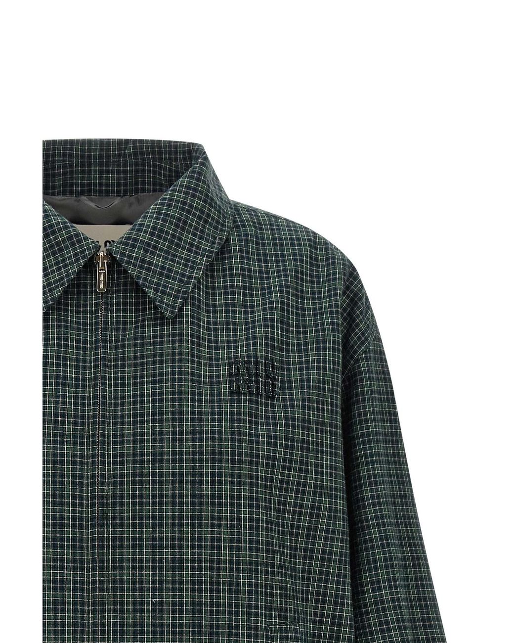 Miu Miu Green Check-Pattern Logo-Patch Jacket