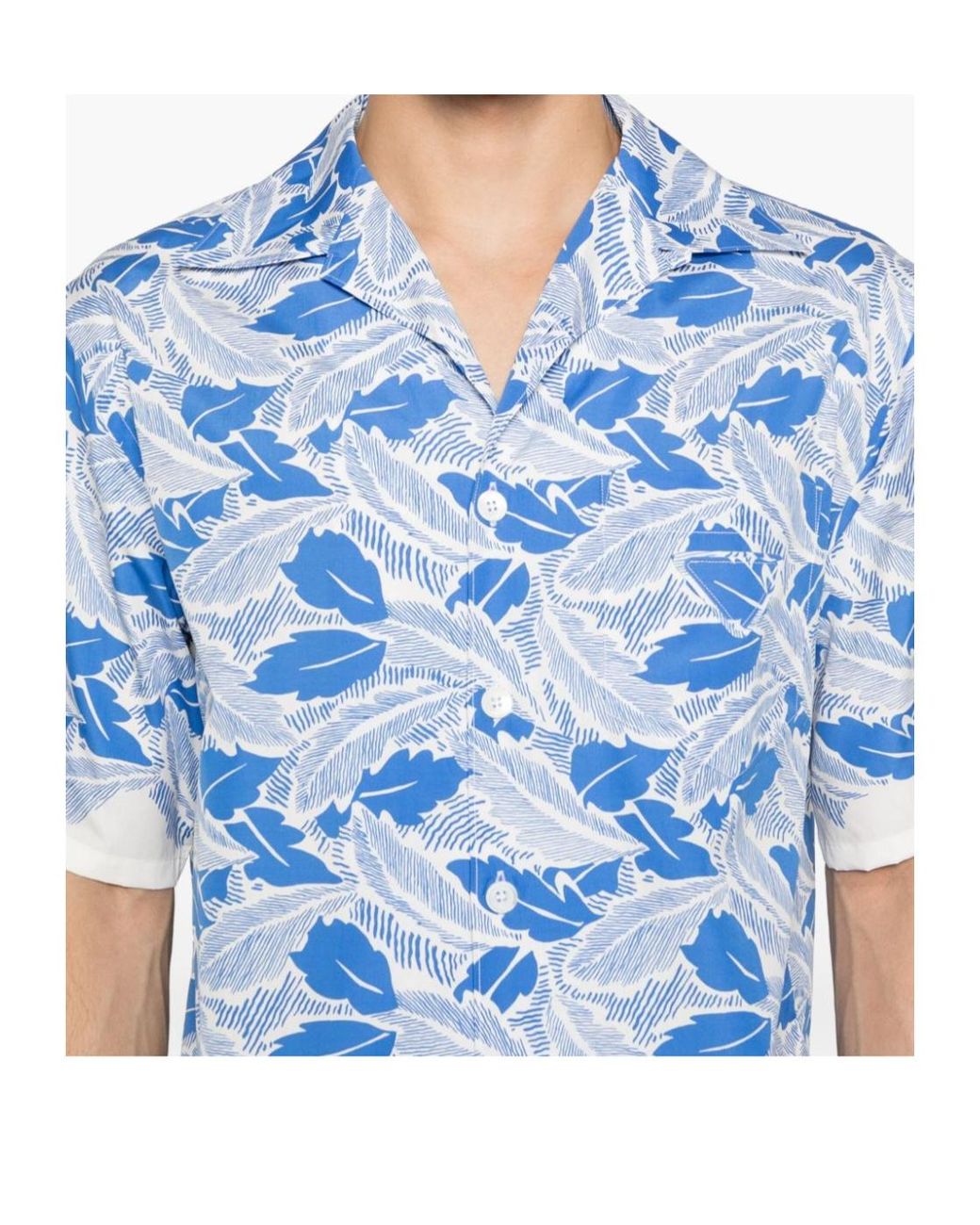 Prada Blue Leaf Print Short Sleeve Shirt for men