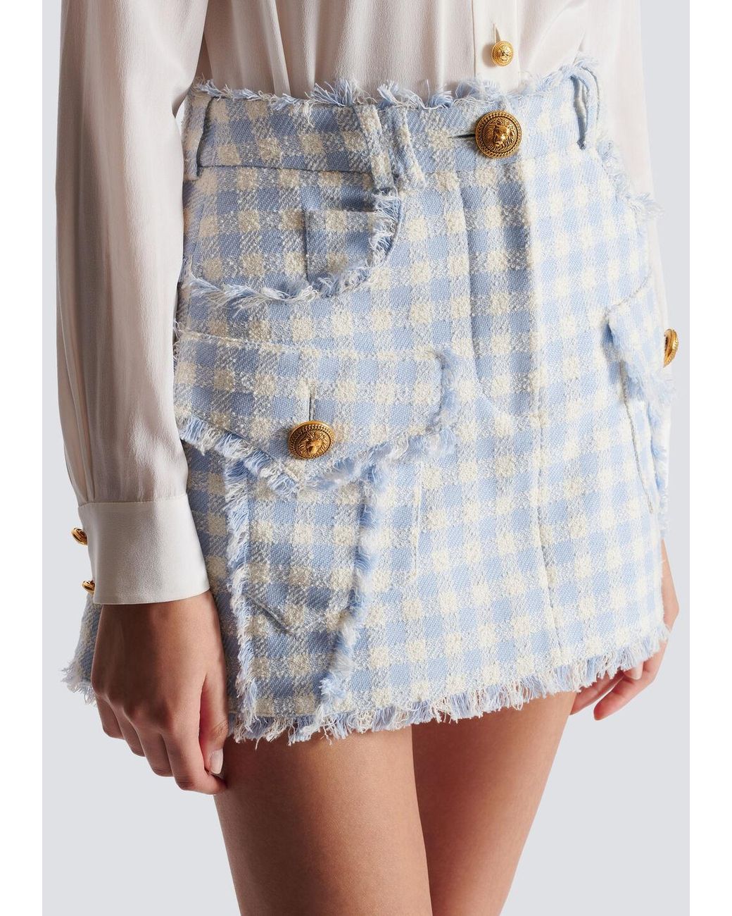 Balmain White Gingham Tweed A-Line Skirt