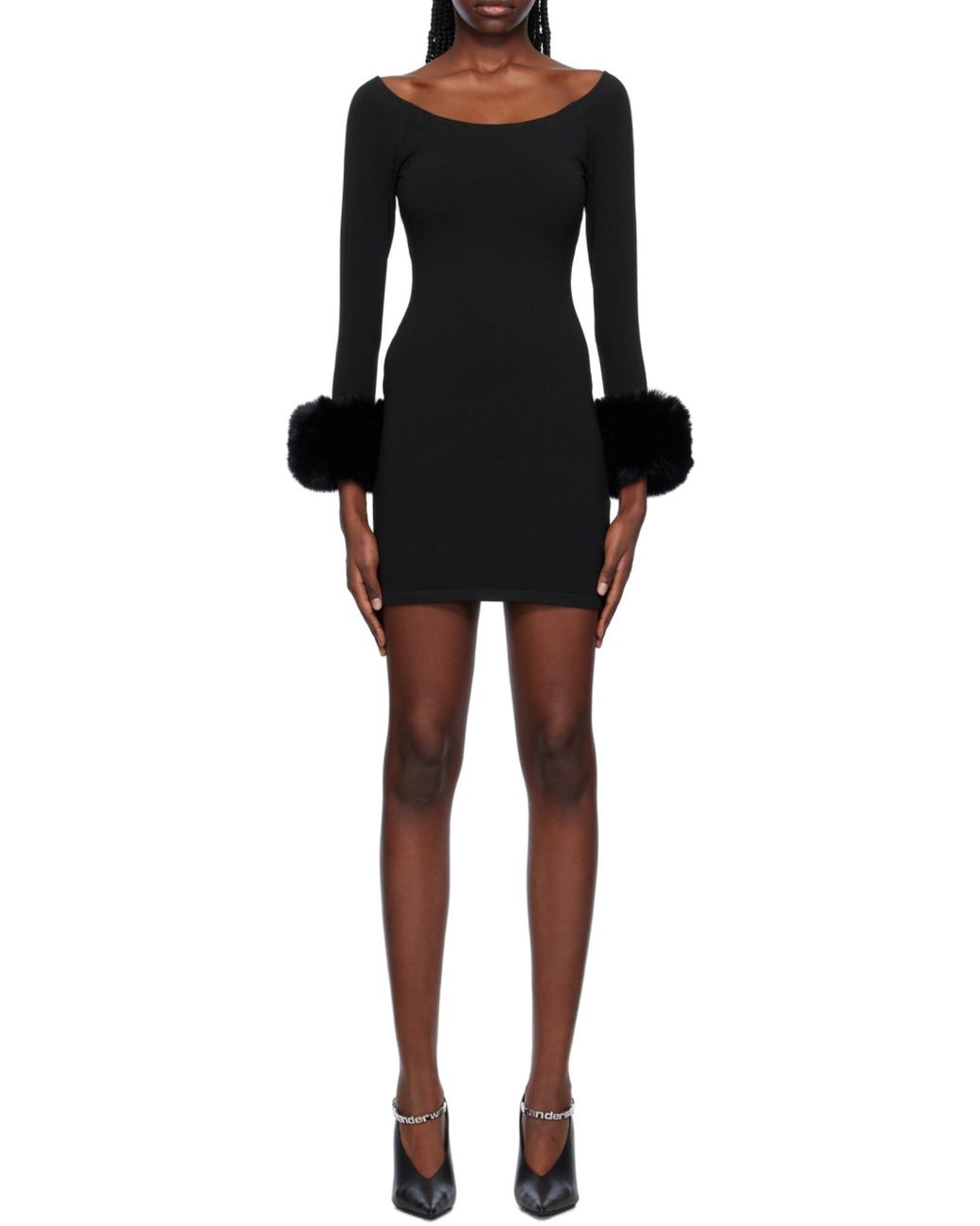 Alexander Wang Black Round Neck Fur Trimmed Dress