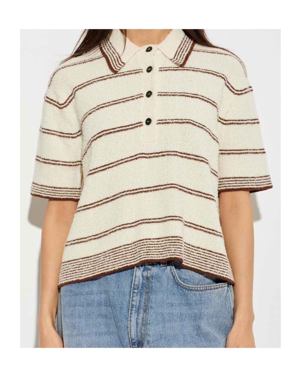 Rohe White Striped Button-Polo Knitted Top