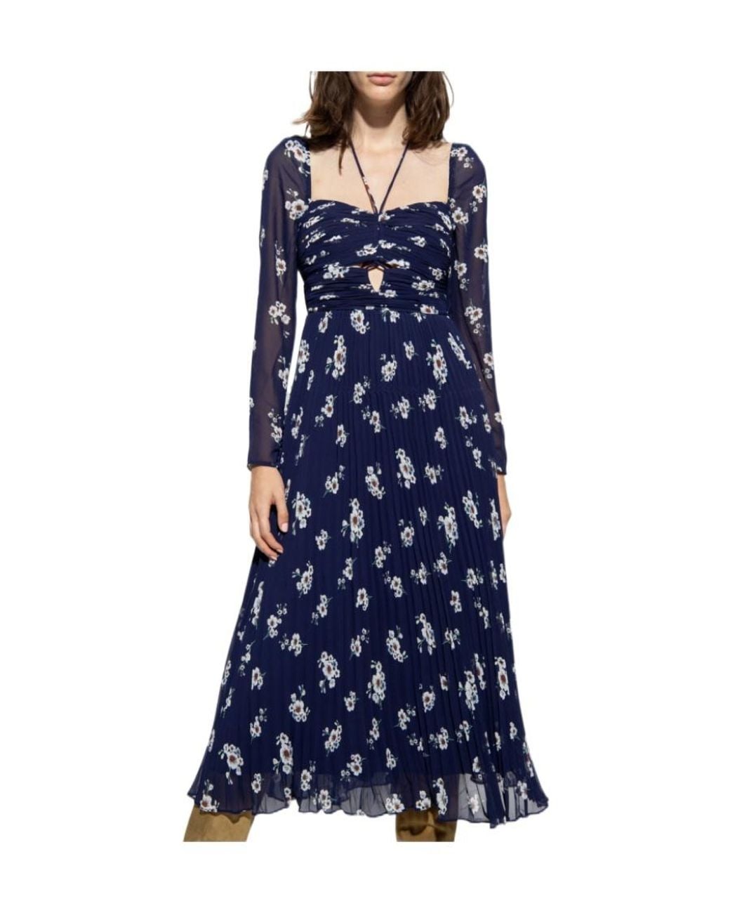 Self-Portrait Blue Pansy Printed Cut-Out Midi Dress