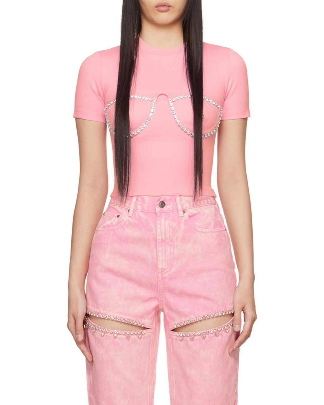 Area Pink Crystal-Embellished Bustier-Cup T-Shirt