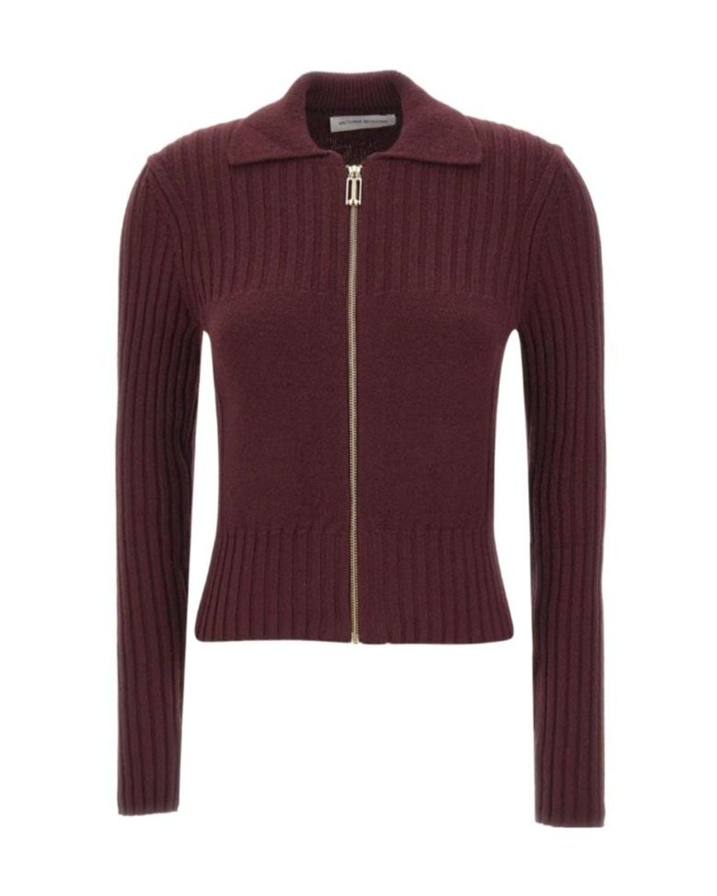 Victoria Beckham Purple Zip-Up Ribbed Cardigan