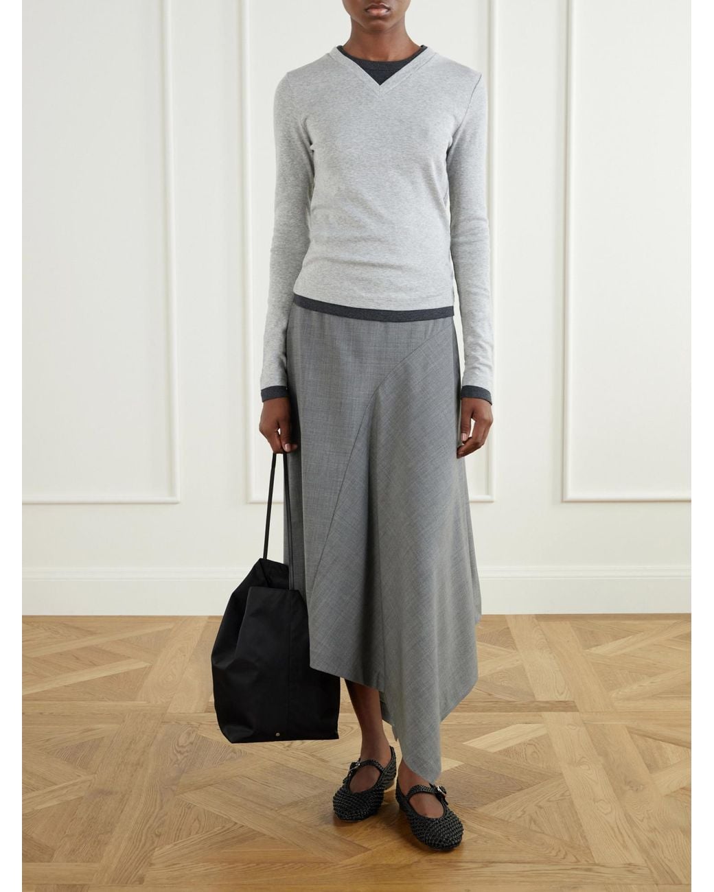 St. Agni Gray Asymmetric Stretch-Wool Midi Skirt