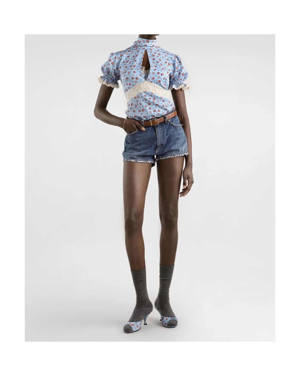Dolce & Gabbana Blue Small Rose-Printed Charmeuse Top