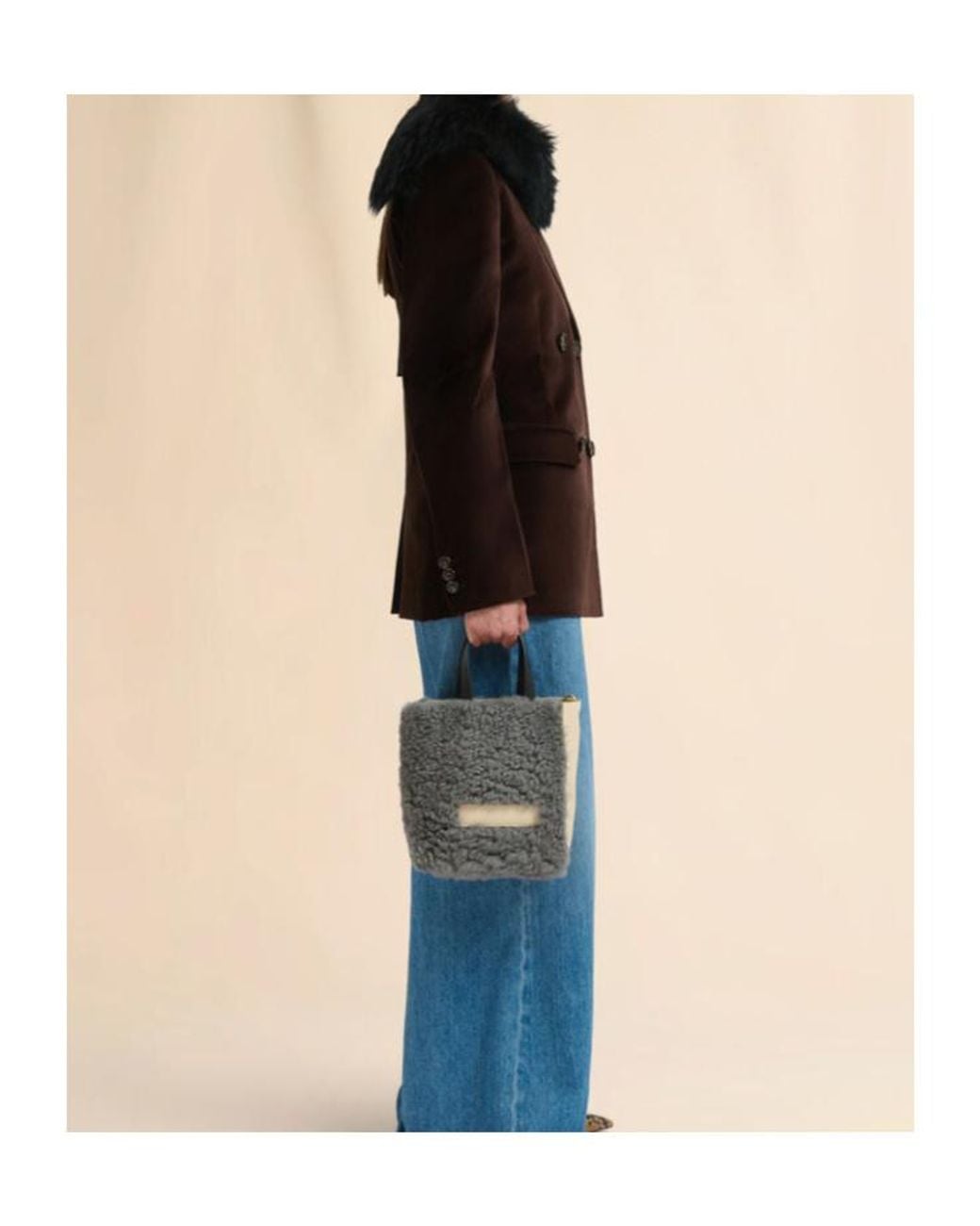 Marni Gray Logo Detailed Shearling Tote Bag