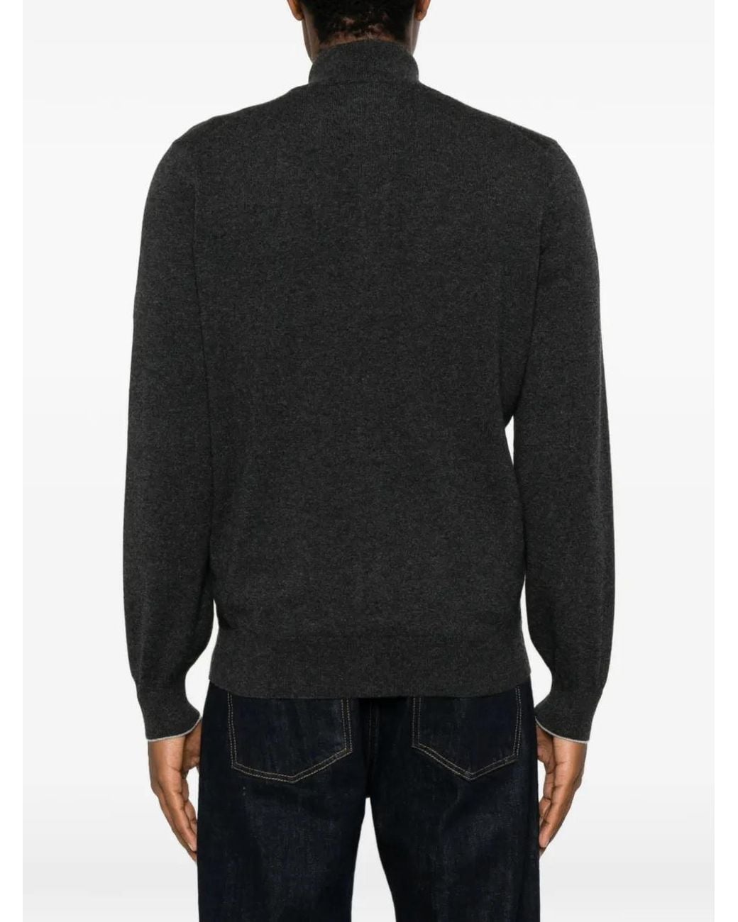 Brunello Cucinelli Black Zip-Up High-Neck Cardigan for men