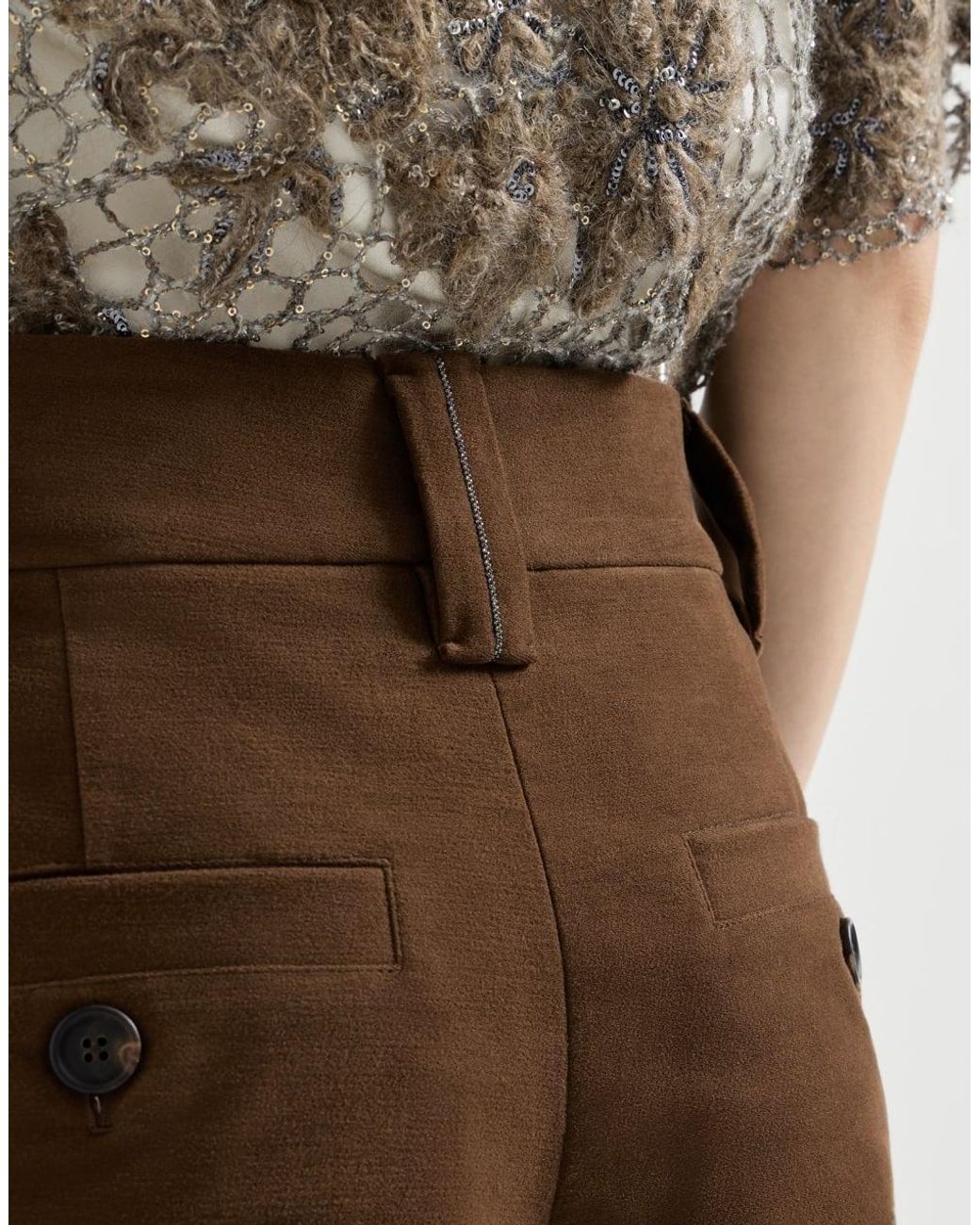 Brunello Cucinelli Brown Stretch Cotton Moleskin Loose Sartorial Trousers With Monili
