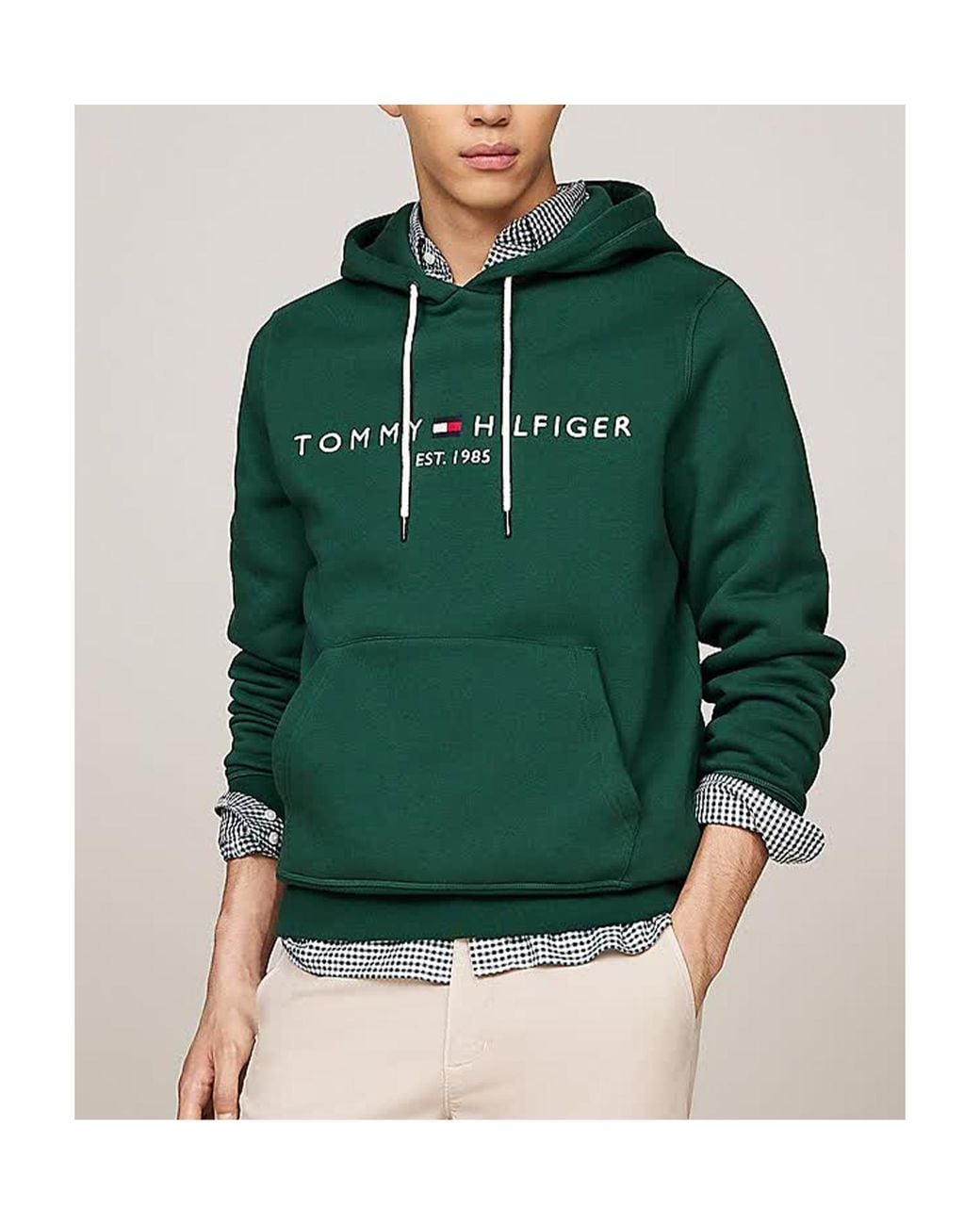 Tommy Hilfiger Green Drawstring Logo Embroidered Hoodie for men