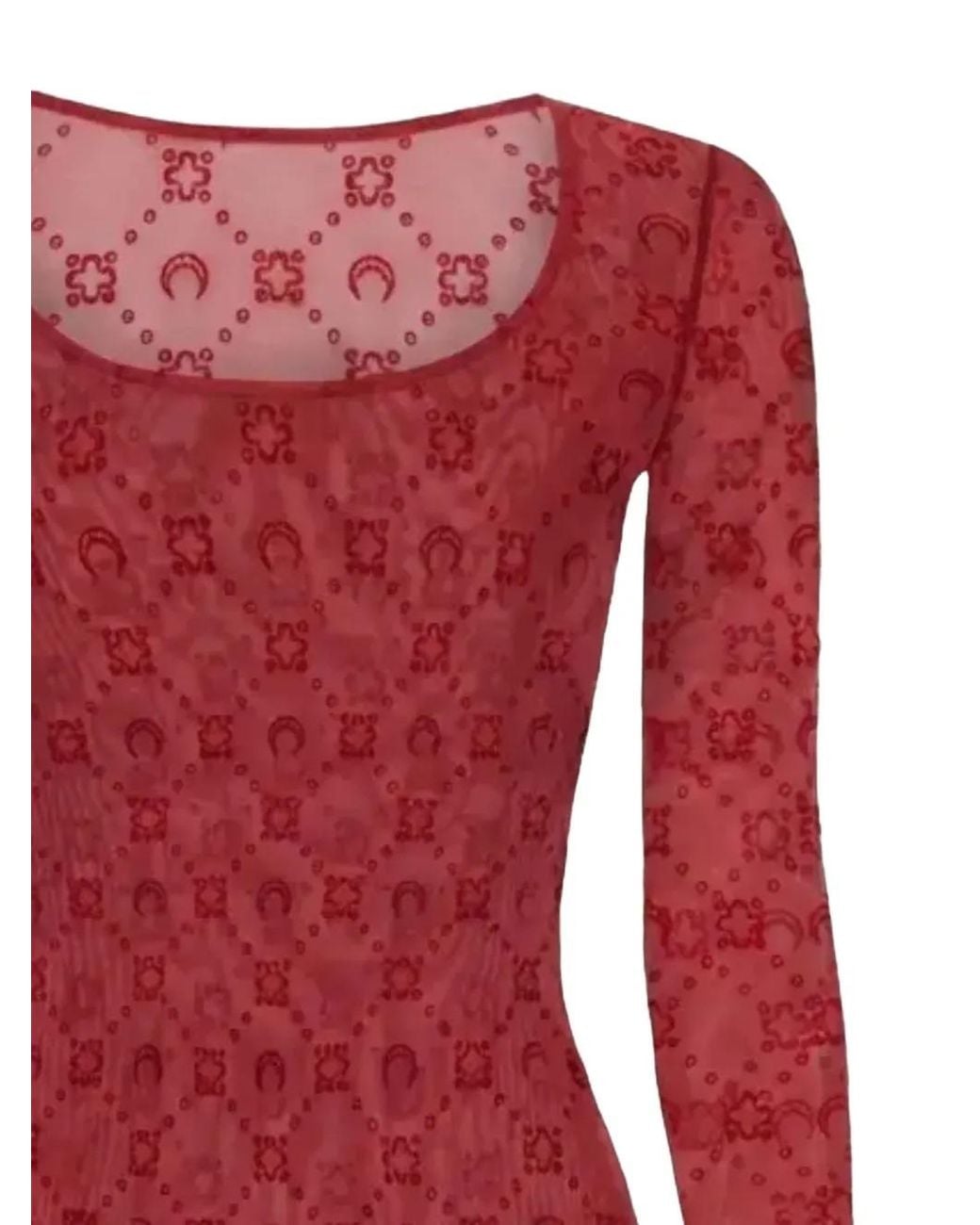 MARINE SERRE Red Moonogram Mesh Flock Long Sleeves Roundneck Top