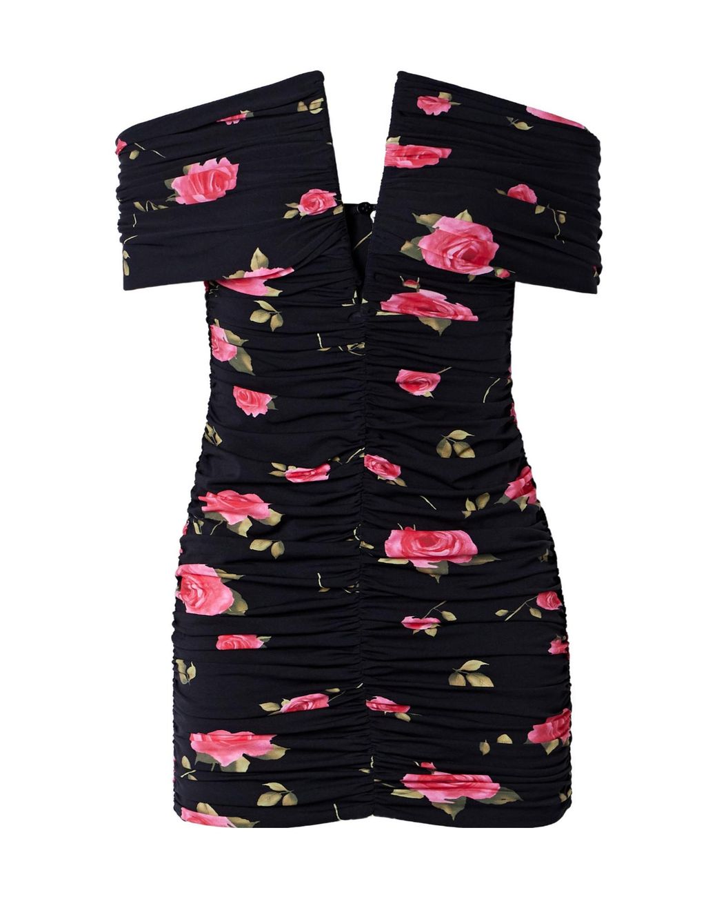 Magda Butrym Black Off-The-Shoulder Ruched Floral-Print Stretch-Jersey Mini Dress