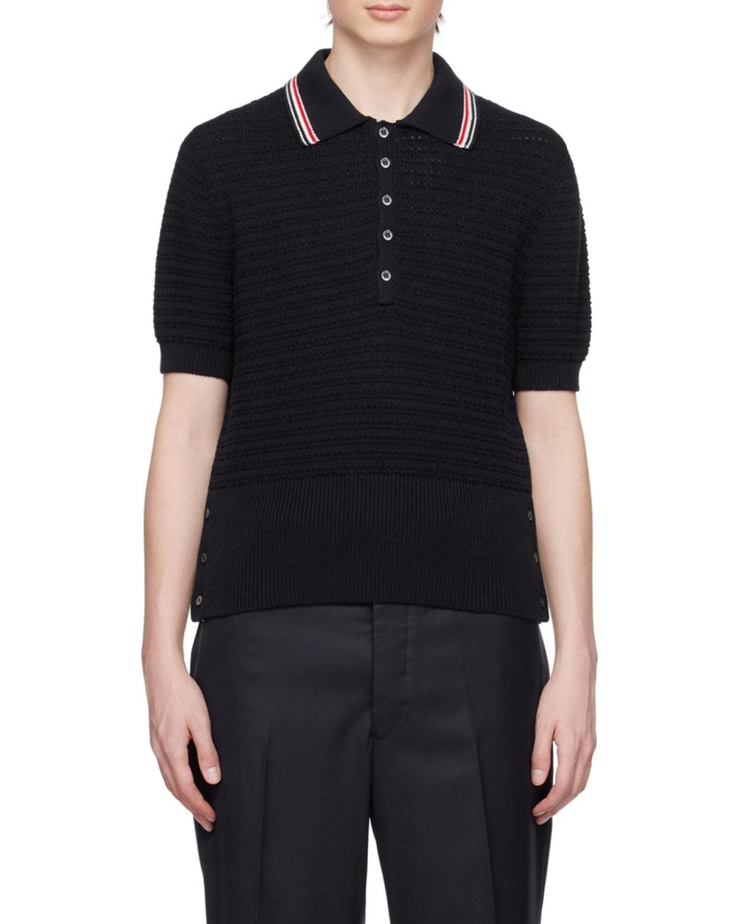 Thom Browne Black Stripe Detailed Short-Sleeved Polo Shirt for men